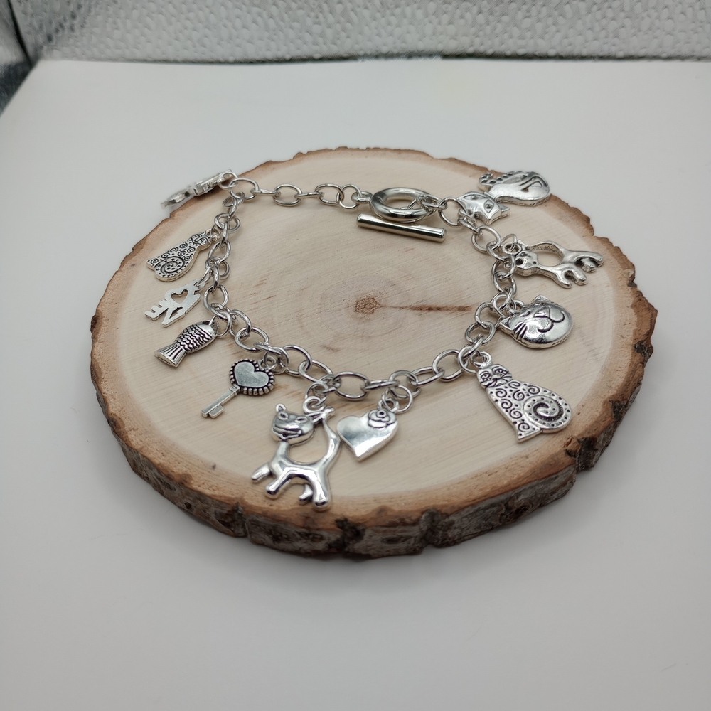 Silver Charm Bracelet with Cat and Heart Charms
